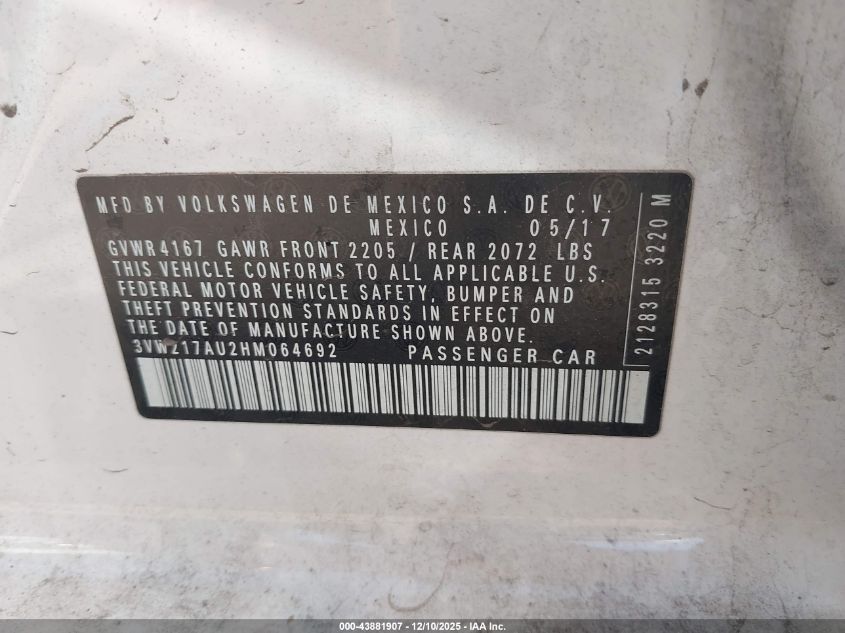 2017 Volkswagen Golf Tsi S 4-Door/Tsi Se 4-Door/Tsi Sel 4-Door/Tsi Wolfsburg Edition 4-Door VIN: 3VW217AU2HM064692 Lot: 43881907