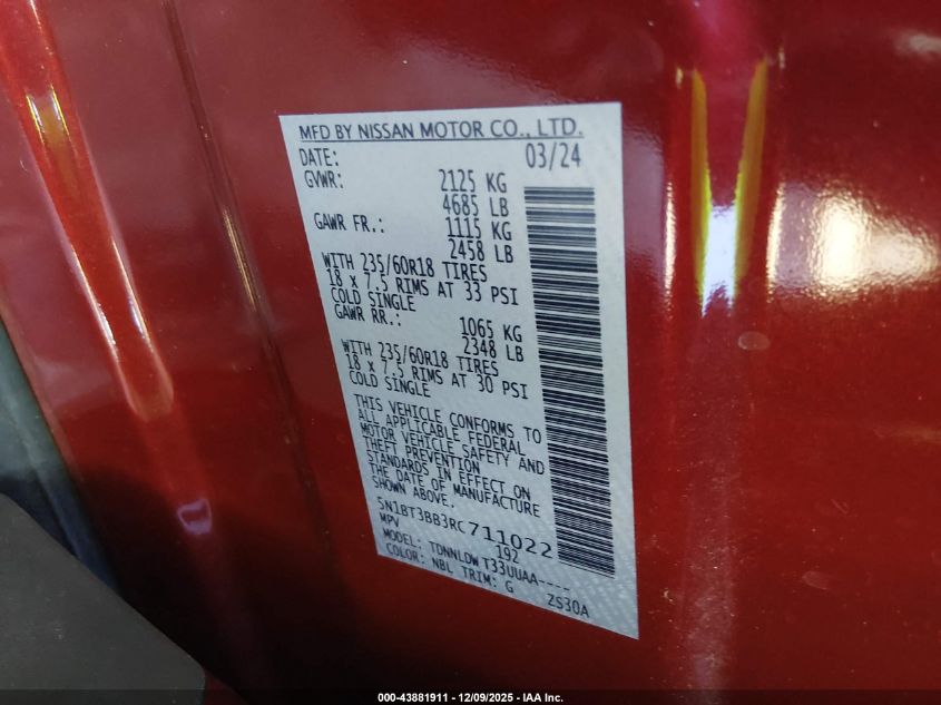 2024 Nissan Rogue Sv Intelligent Awd VIN: 5N1BT3BB3RC711022 Lot: 43881911
