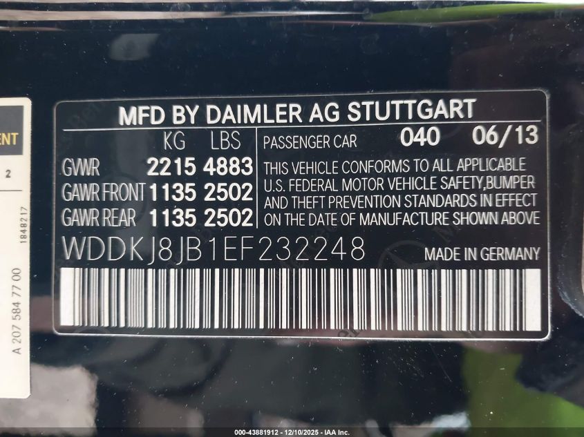 2014 Mercedes-Benz E 350 4Matic VIN: WDDKJ8JB1EF232248 Lot: 43881912