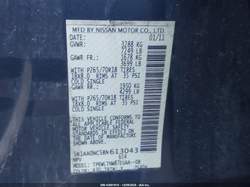 2011 Nissan Armada Sv VIN: 5N1AA0NC5BN613043 Lot: 43881915