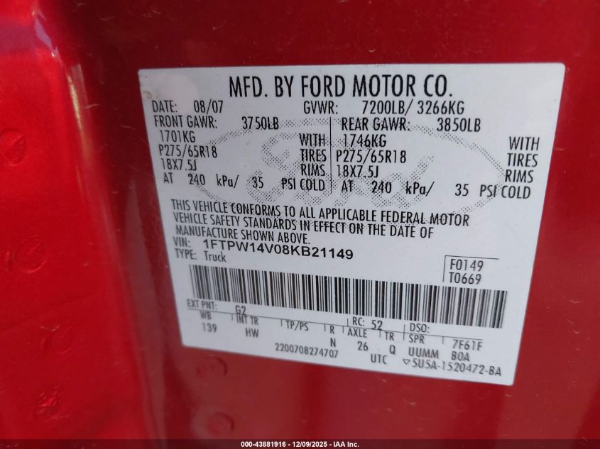 2008 Ford F-150 Lariat VIN: 1FTPW14V08KB21149 Lot: 43881916