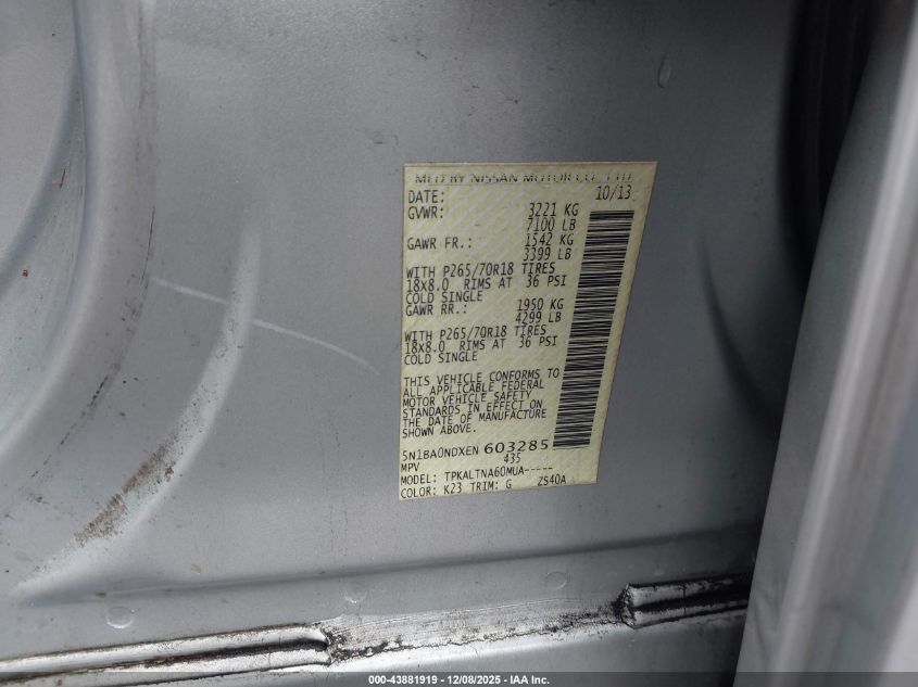 2014 Nissan Armada Sv VIN: 5N1BA0NDXEN603285 Lot: 43881919