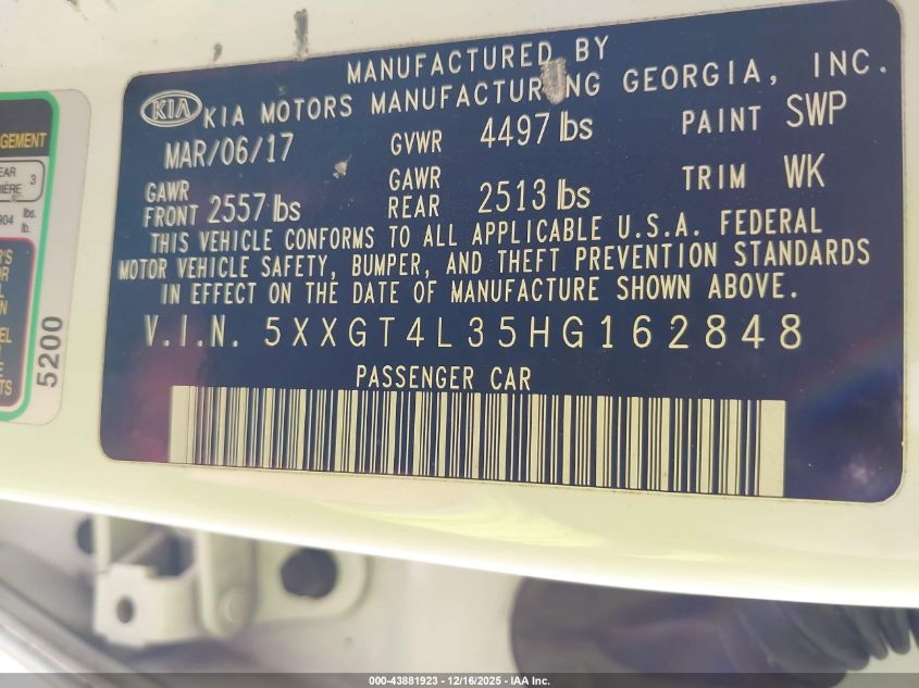 2017 Kia Optima Lx VIN: 5XXGT4L35HG162848 Lot: 43881923