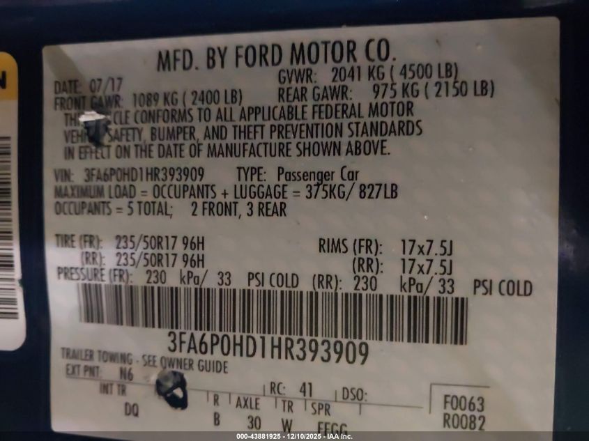 2017 Ford Fusion Se VIN: 3FA6P0HD1HR393909 Lot: 43881925