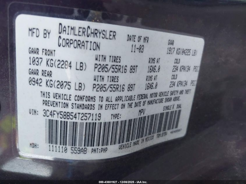 2004 Chrysler Pt Cruiser Touring VIN: 3C4FY58B54T257119 Lot: 43881927