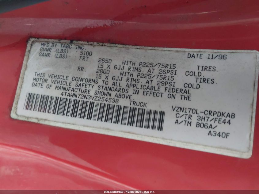 1997 Toyota Tacoma Base V6 VIN: 4TAWN72N3VZ254538 Lot: 43881940