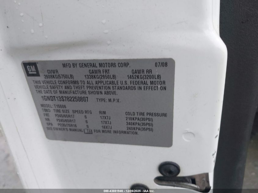 2008 Chevrolet Trailblazer Lt VIN: 1GNDT13S782250807 Lot: 43881946