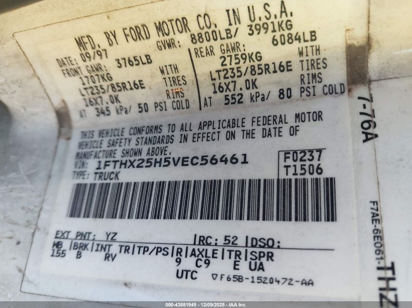 1997 Ford F-250 Xl VIN: 1FTHX25H5VEC56461 Lot: 43881949