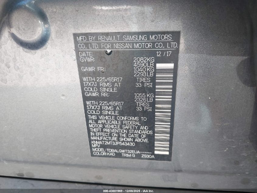 2018 Nissan Rogue Sv VIN: KNMAT2MT3JP543430 Lot: 43881969