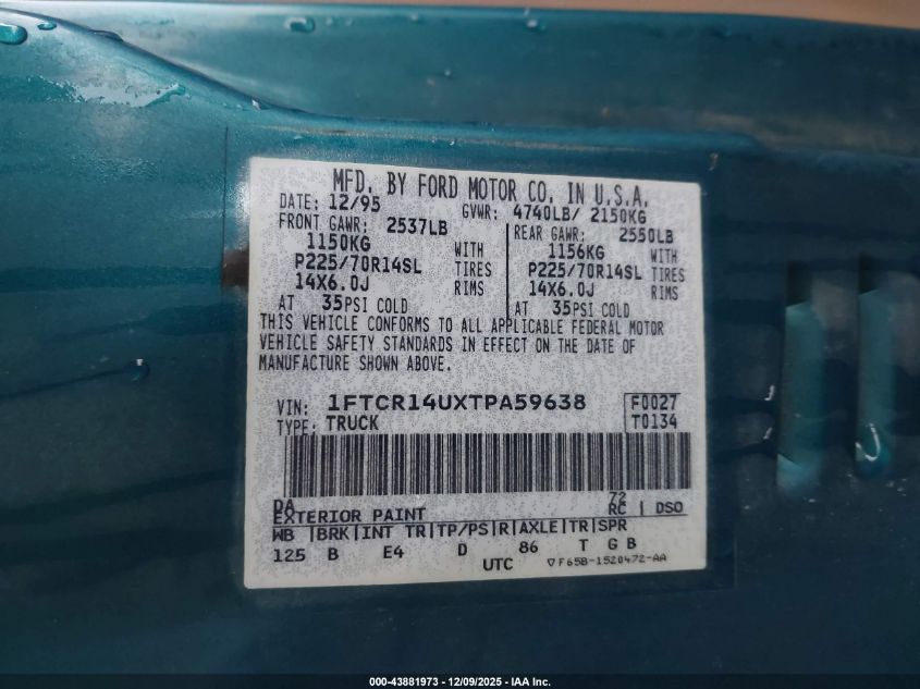 1996 Ford Ranger Super Cab VIN: 1FTCR14UXTPA59638 Lot: 43881973