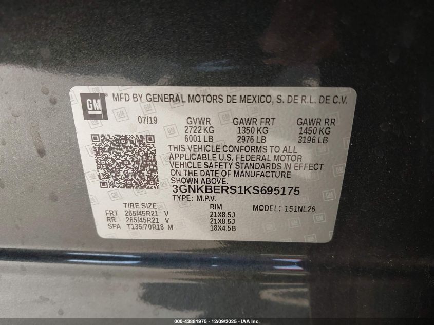 2019 Chevrolet Blazer Rs VIN: 3GNKBERS1KS695175 Lot: 43881975