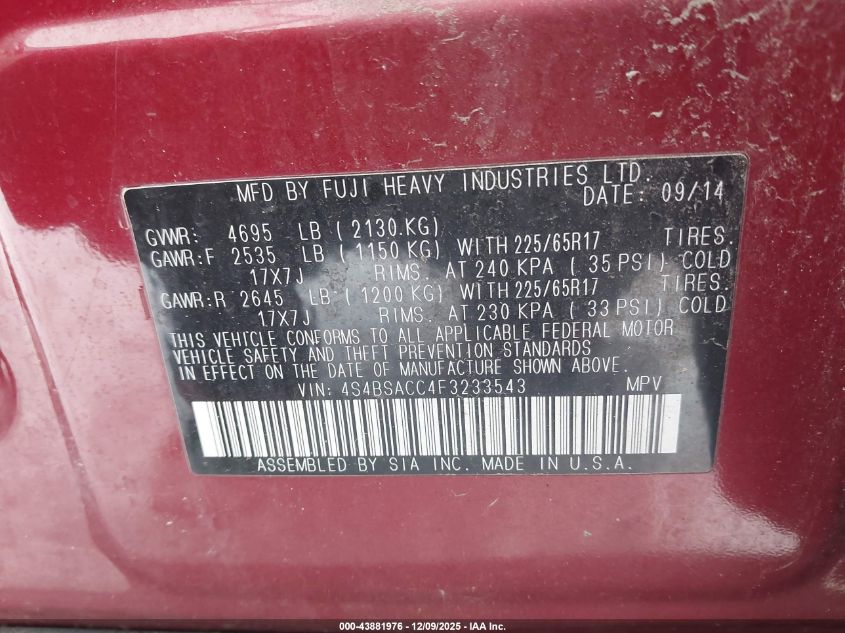 2015 Subaru Outback 2.5I Premium VIN: 4S4BSACC4F3233543 Lot: 43881976