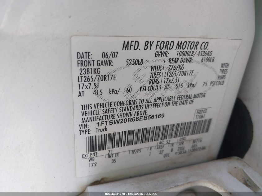 2008 Ford F-250 King Ranch/Lariat/Xl/Xlt VIN: 1FTSW20R68EB56169 Lot: 43881978
