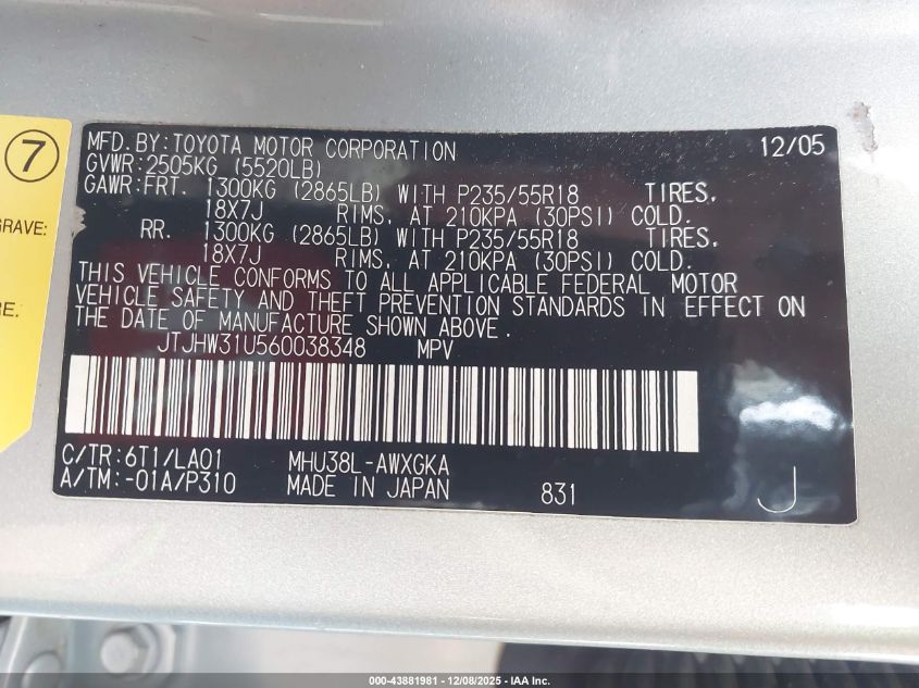 2006 Lexus Rx 400H VIN: JTJHW31U560038348 Lot: 43881981