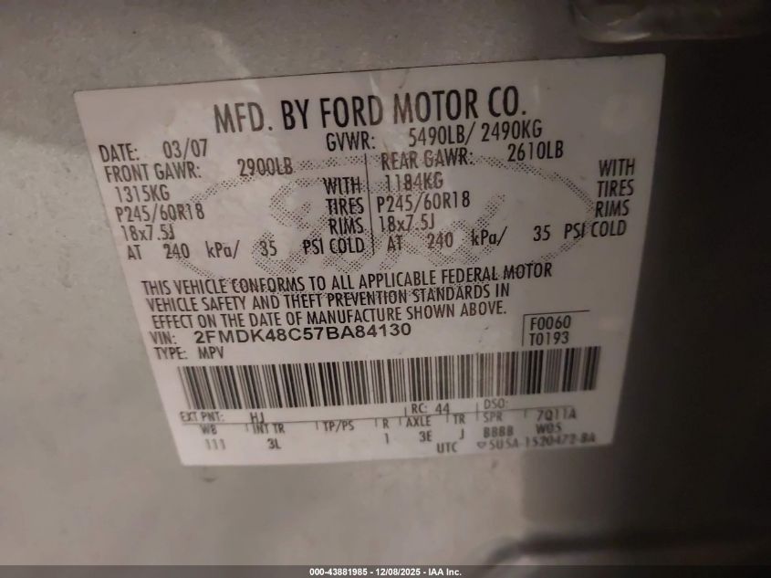 2007 Ford Edge Sel VIN: 2FMDK48C57BA84130 Lot: 43881985