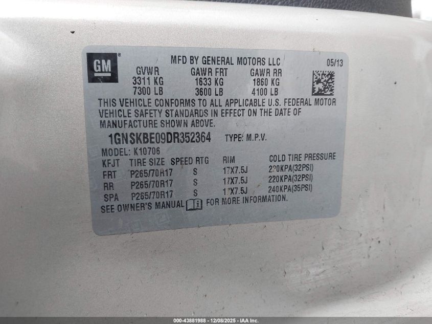 2013 Chevrolet Tahoe Lt VIN: 1GNSKBE09DR352364 Lot: 43881988