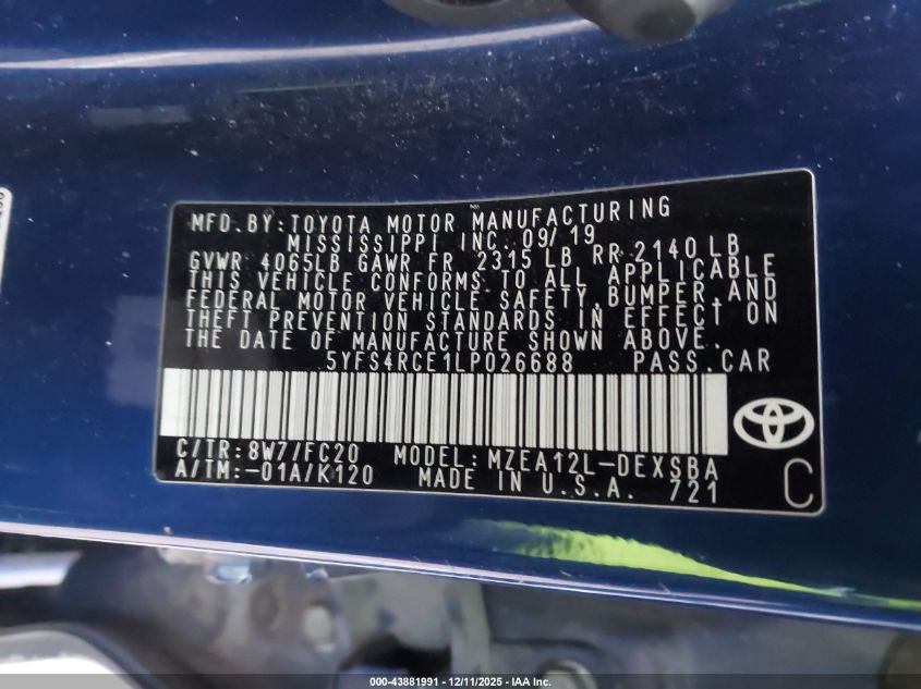 2020 Toyota Corolla Se VIN: 5YFS4RCE1LP026688 Lot: 43881991