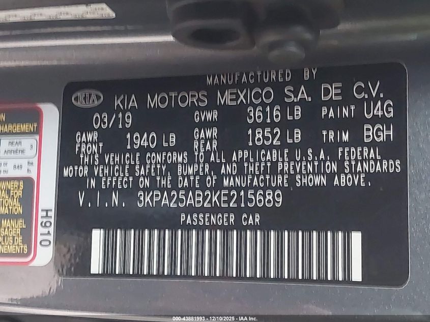 2019 Kia Rio 5-Door S VIN: 3KPA25AB2KE215689 Lot: 43881993