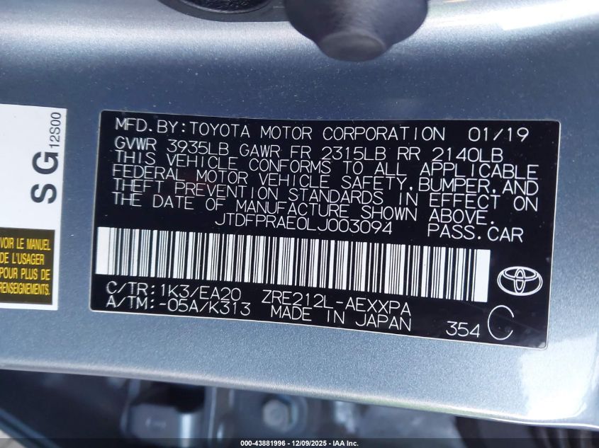 2020 Toyota Corolla Xle VIN: JTDFPRAE0LJ003094 Lot: 43881996