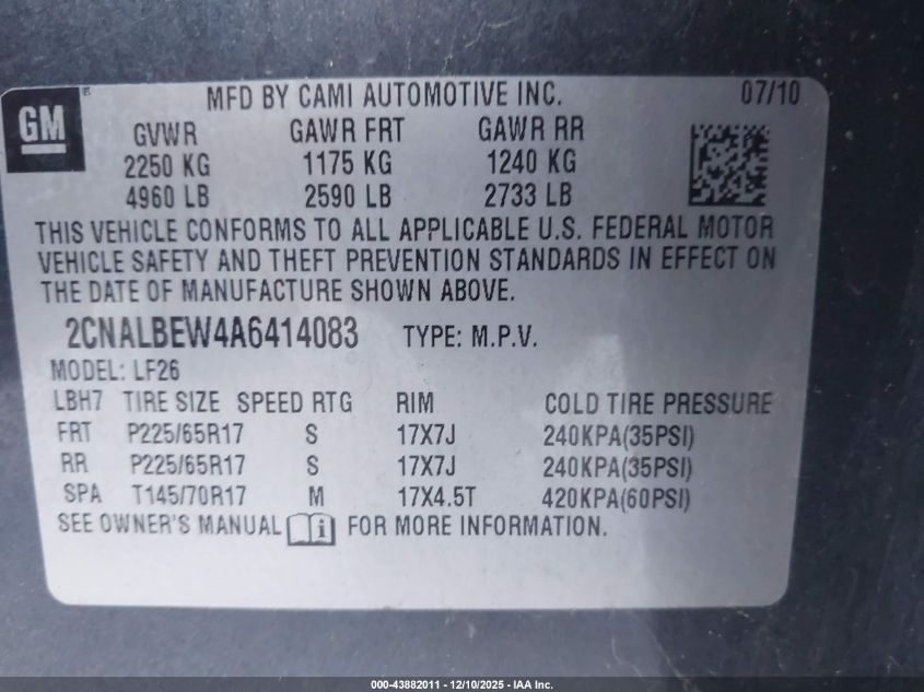 2010 Chevrolet Equinox Ls VIN: 2CNALBEW4A6414083 Lot: 43882011