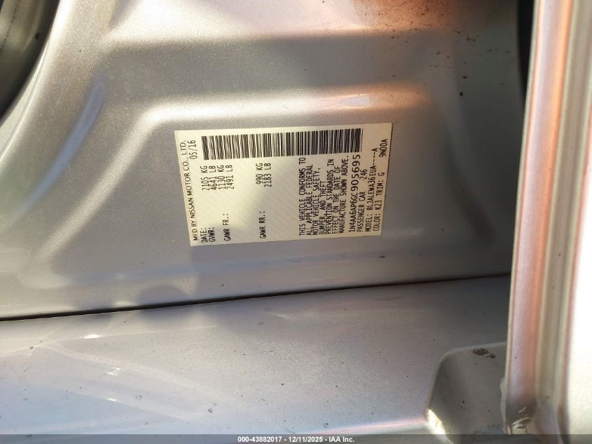 2016 Nissan Maxima 3.5 Sl VIN: 1N4AA6AP6GC905695 Lot: 43882017