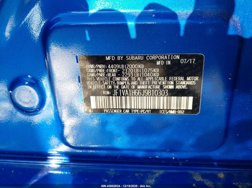 2018 Subaru Wrx Limited VIN: JF1VA1H66J9810303 Lot: 43882024