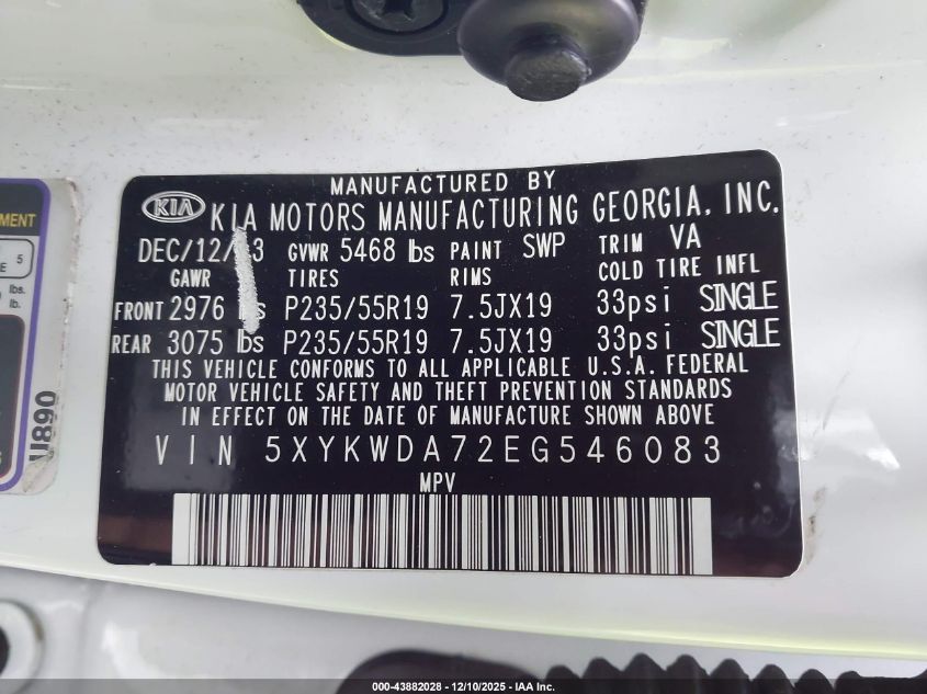 2014 Kia Sorento Limited V6 VIN: 5XYKWDA72EG546083 Lot: 43882028