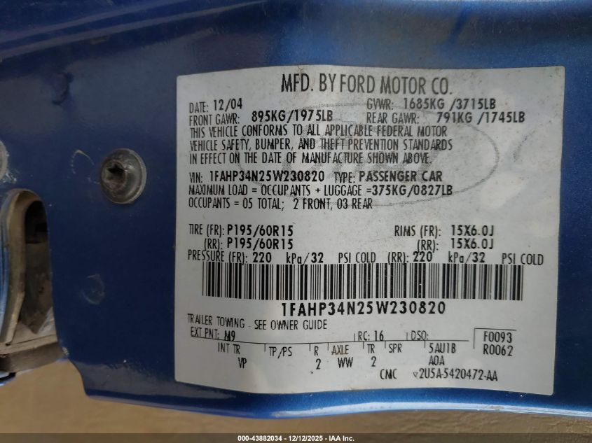 2005 Ford Focus Zx4 VIN: 1FAHP34N25W230820 Lot: 43882034