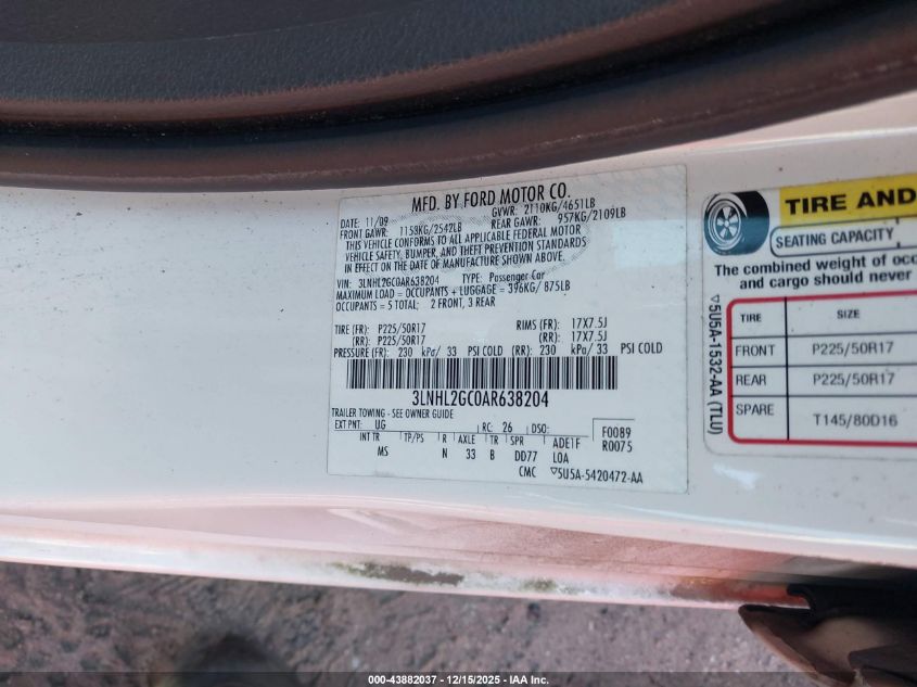 2010 Lincoln Mkz VIN: 3LNHL2GC0AR638204 Lot: 43882037