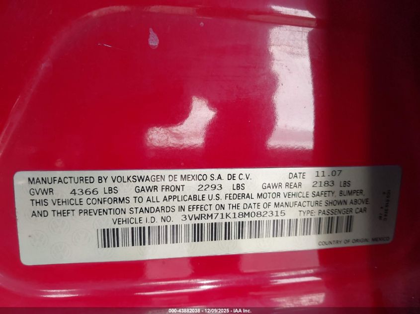 2008 Volkswagen Jetta Se VIN: 3VWRM71K18M082315 Lot: 43882038