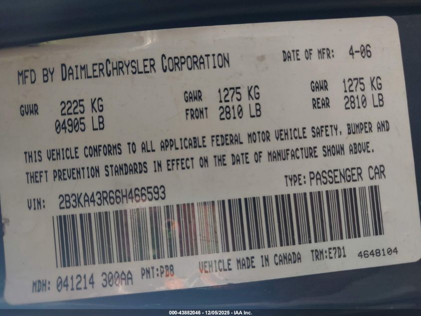 2006 Dodge Charger VIN: 2B3KA43R66H466593 Lot: 43882046