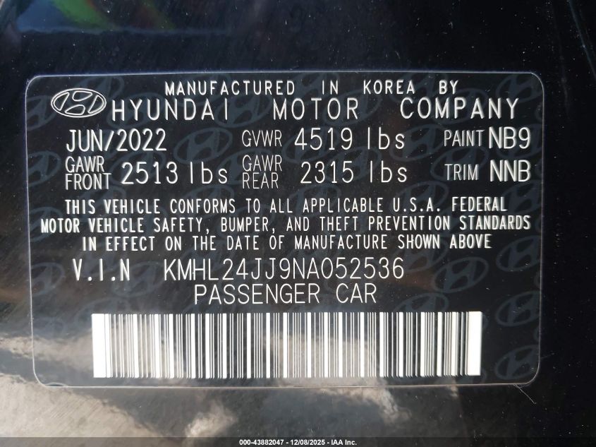 2022 Hyundai Sonata Hybrid Blue VIN: KMHL24JJ9NA052536 Lot: 43882047