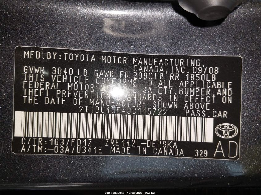 2009 Toyota Corolla S VIN: 2T1BU40E49C115722 Lot: 43882048