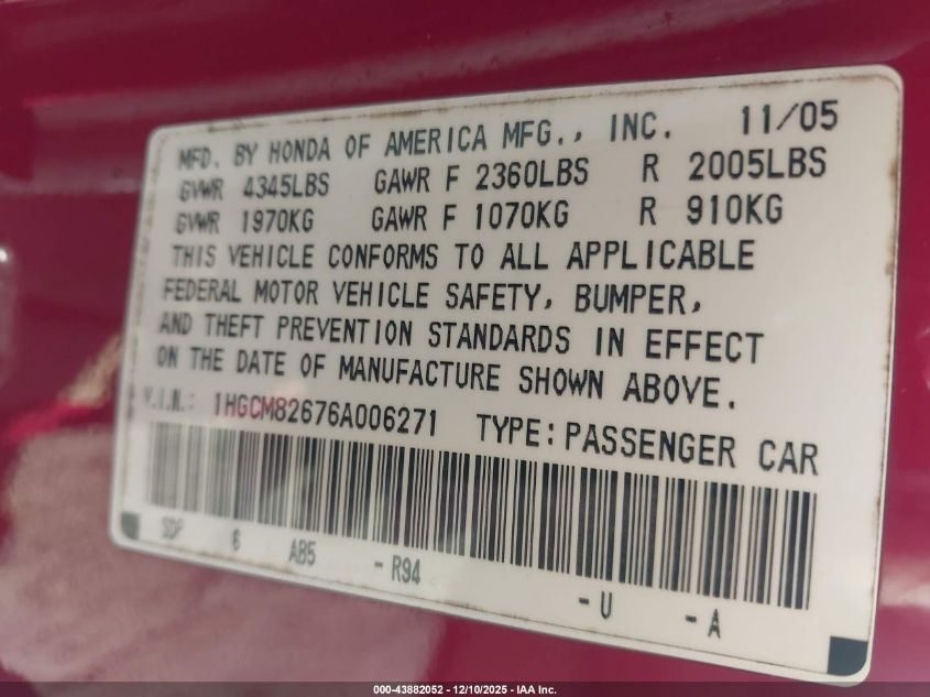 2006 Honda Accord 3.0 Ex VIN: 1HGCM82676A006271 Lot: 43882052