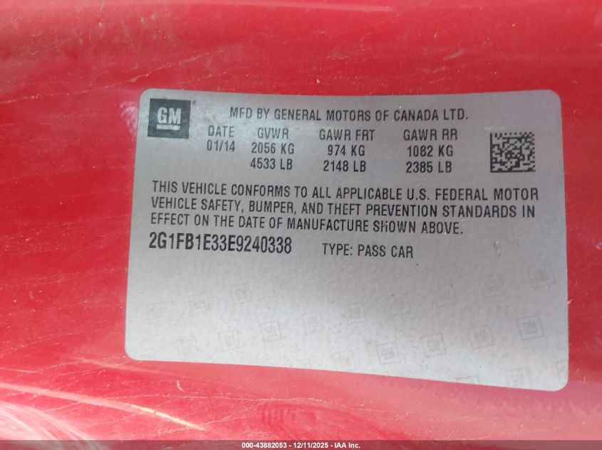 2014 Chevrolet Camaro 1Lt VIN: 2G1FB1E33E9240338 Lot: 43882053