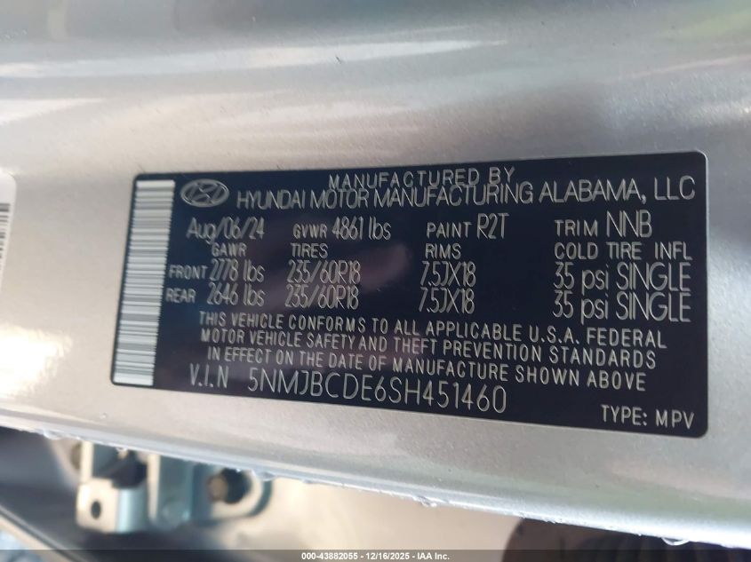 2025 Hyundai Tucson Sel VIN: 5NMJBCDE6SH451460 Lot: 43882055