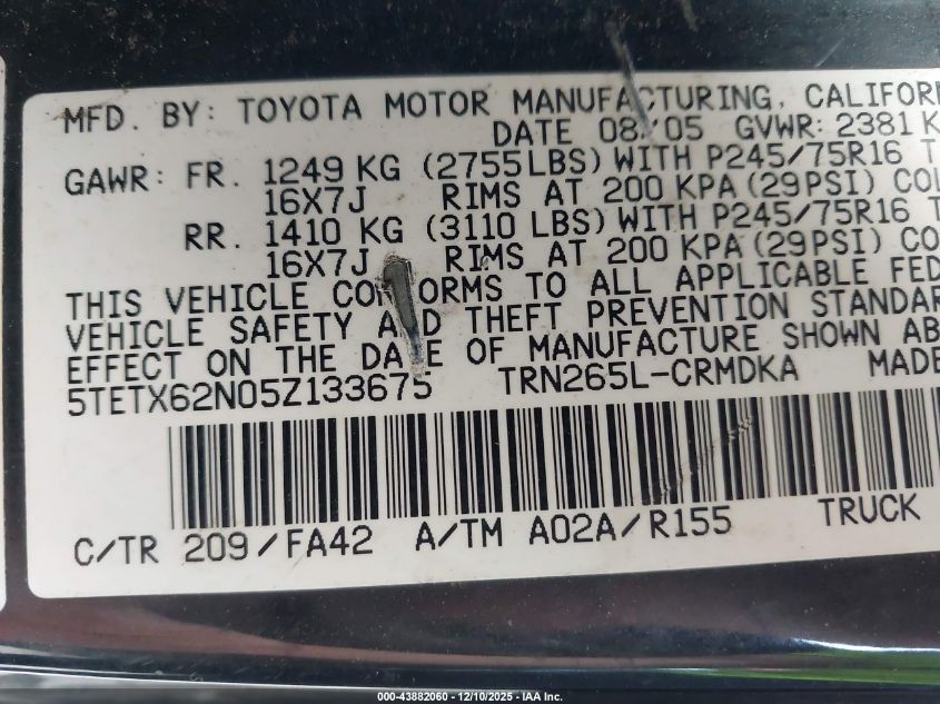 2005 Toyota Tacoma Prerunner VIN: 5TETX62N05Z133675 Lot: 43882060