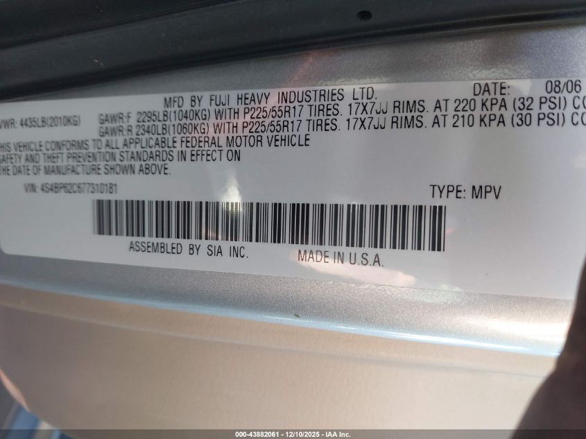 2007 Subaru Legacy 2.5I Limited/2.5I Limited L.l. Bean Edition VIN: 4S4BP62C677310181 Lot: 43882061