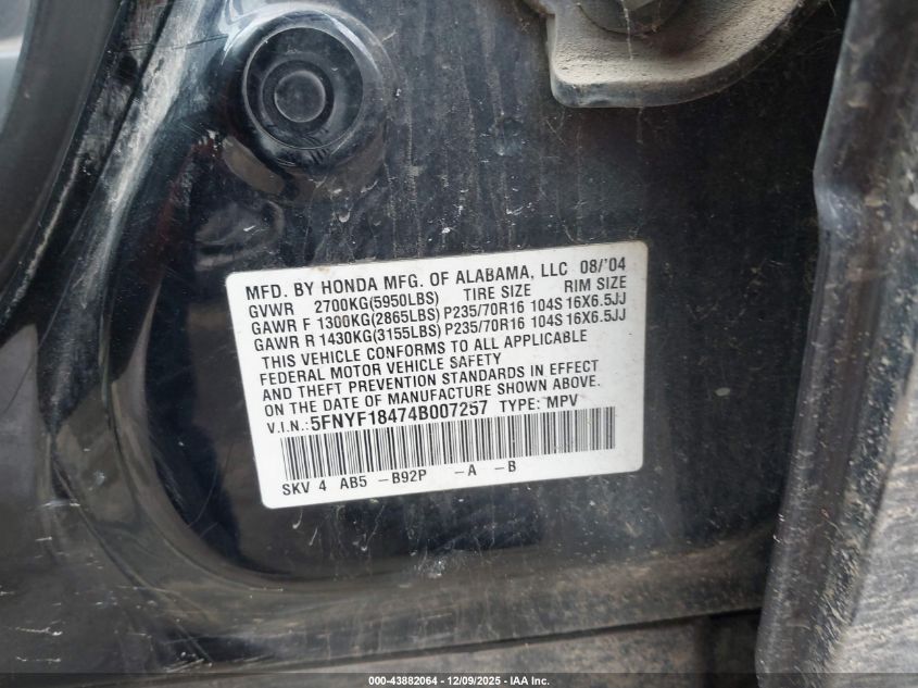 2004 Honda Pilot Ex VIN: 5FNYF18474B007257 Lot: 43882064