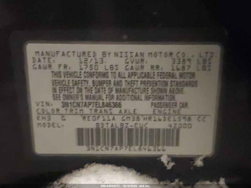 2014 Nissan Versa 1.6 Sv VIN: 3N1CN7AP7EL846366 Lot: 43882072