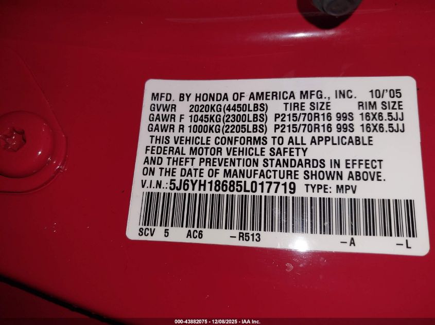 2005 Honda Element Ex VIN: 5J6YH18685L017719 Lot: 43882075