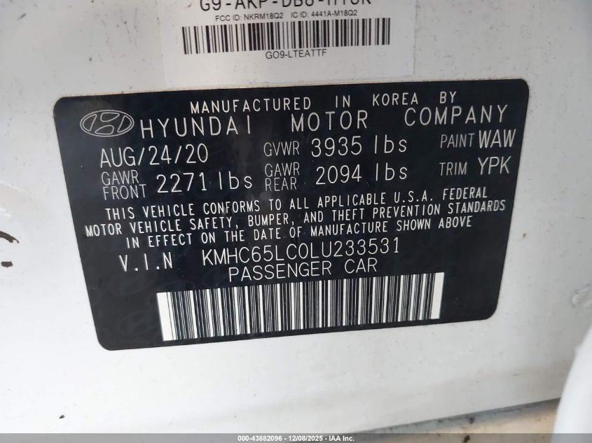 2020 Hyundai Ioniq Hybrid Blue VIN: KMHC65LC0LU233531 Lot: 43882096