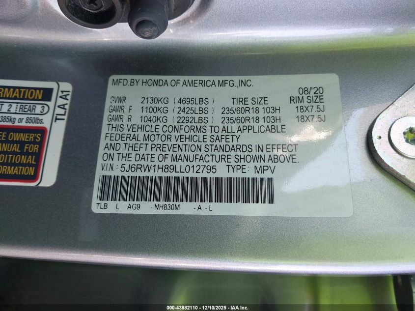 2020 Honda Cr-V 2Wd Ex-L VIN: 5J6RW1H89LL012795 Lot: 43882110