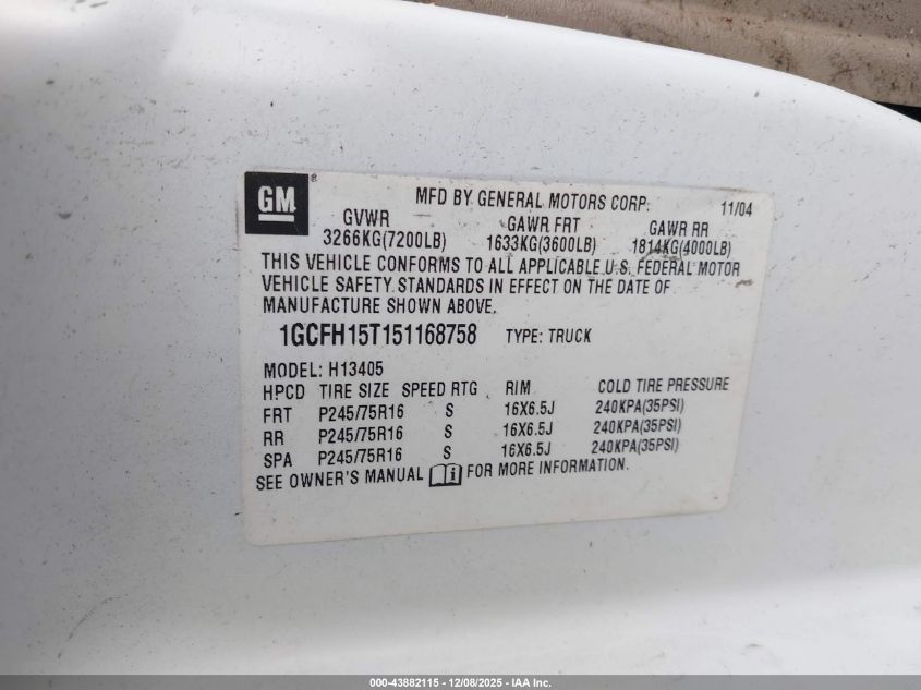 2005 Chevrolet Express VIN: 1GCFH15T151168758 Lot: 43882115