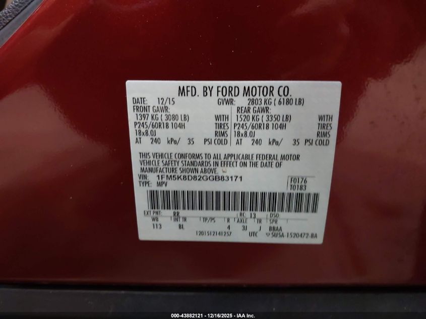 2016 Ford Explorer Xlt VIN: 1FM5K8D82GGB83171 Lot: 43882121