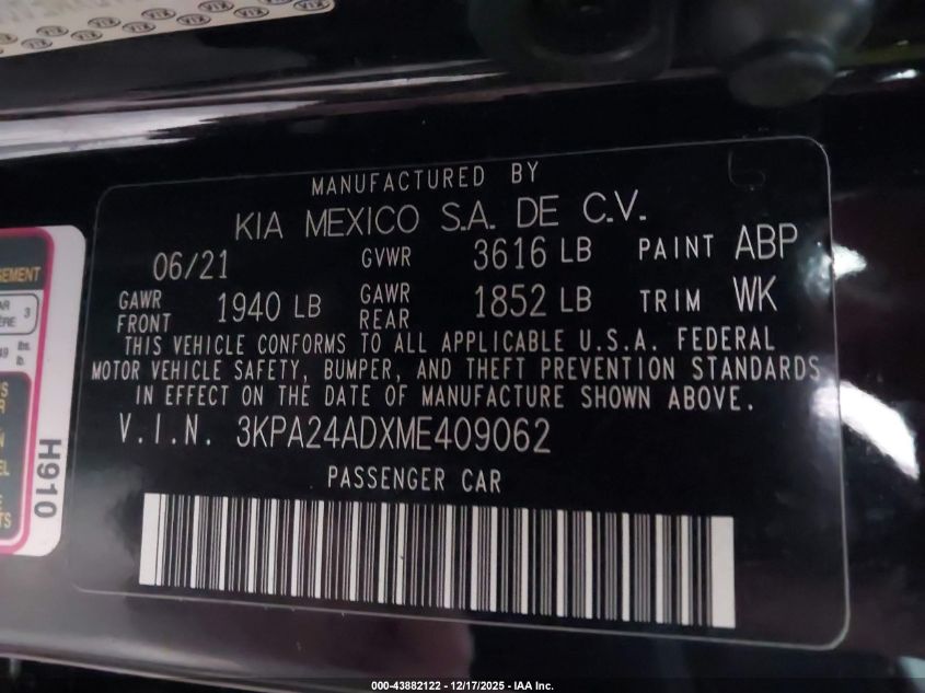 2021 Kia Rio Lx VIN: 3KPA24ADXME409062 Lot: 43882122