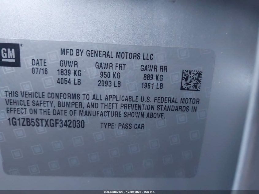 2016 Chevrolet Malibu Ls VIN: 1G1ZB5STXGF342030 Lot: 43882129