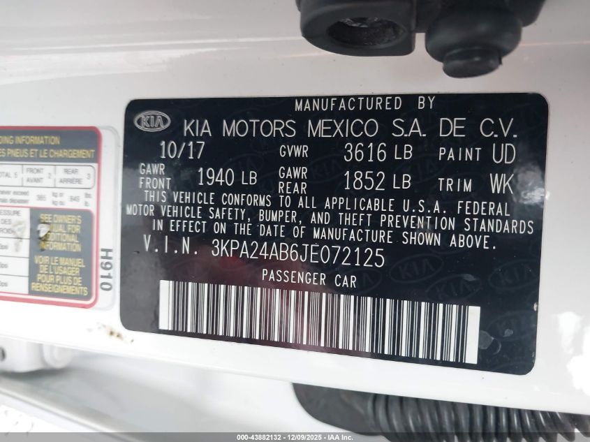 2018 Kia Rio S VIN: 3KPA24AB6JE072125 Lot: 43882132