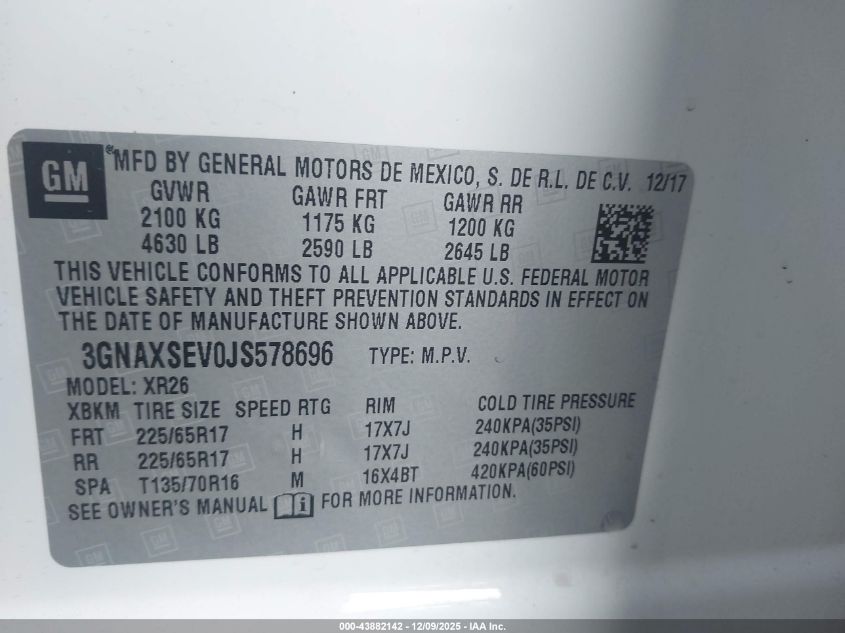 2018 Chevrolet Equinox Lt VIN: 3GNAXSEV0JS578696 Lot: 43882142