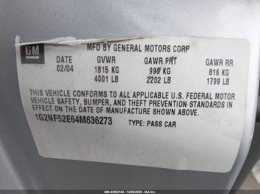 2004 Pontiac Grand Am Se1 VIN: 1G2NF52E64M636273 Lot: 43882144